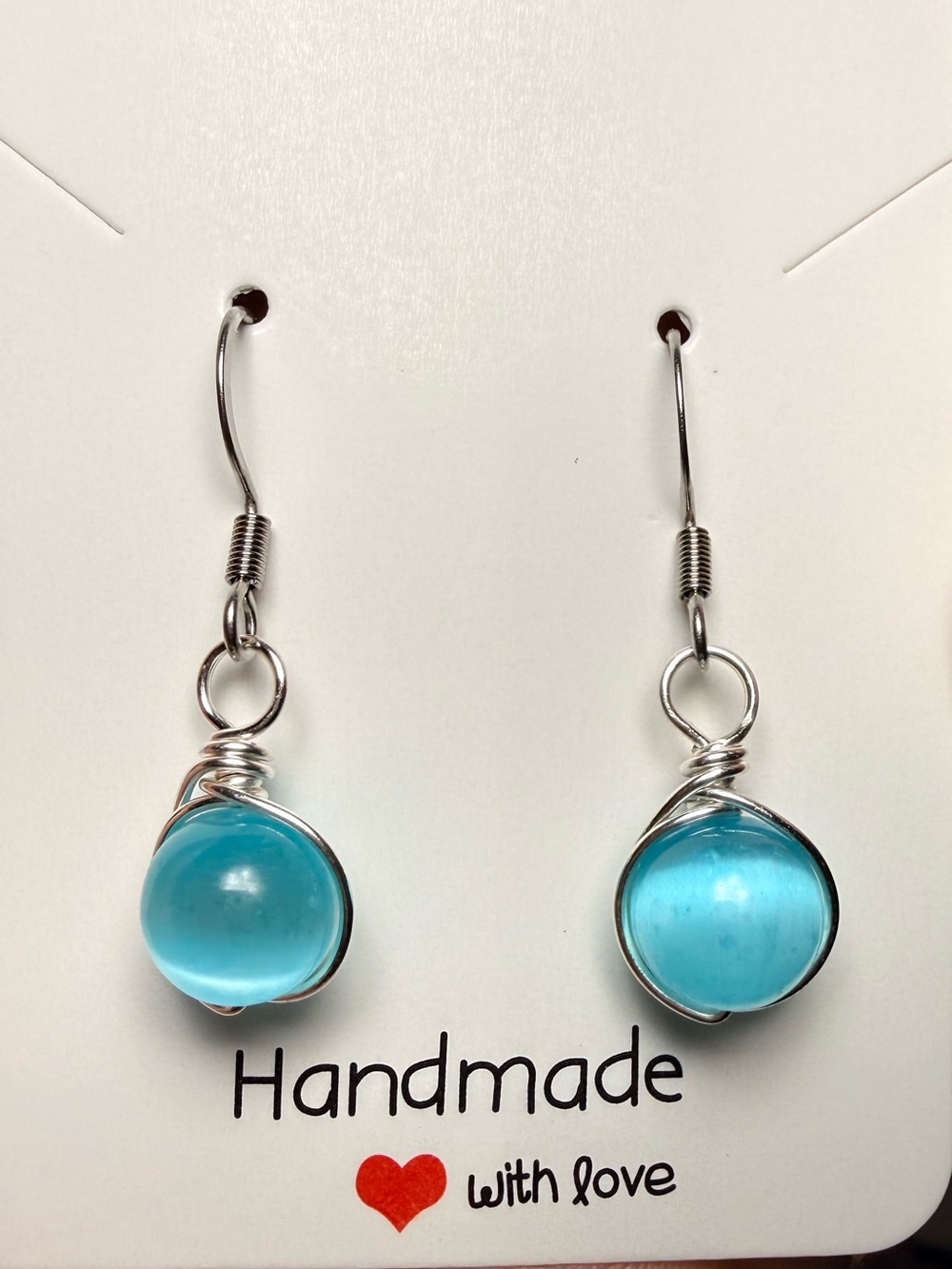 Handmade Silver Wire Blue Glass Drop Earrings